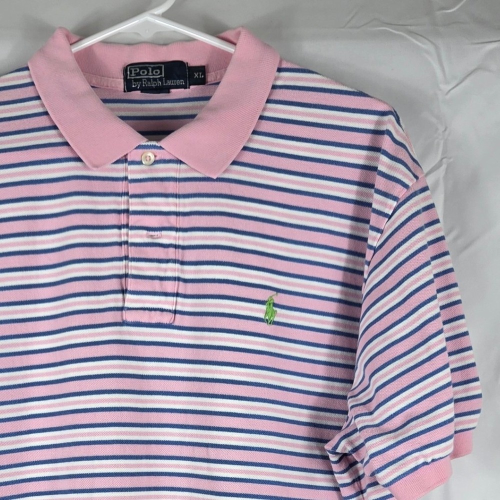Polo Ralph Lauren Mens XL Pink‎ Blue Striped Short Sleeve Cotton Polo Shirt